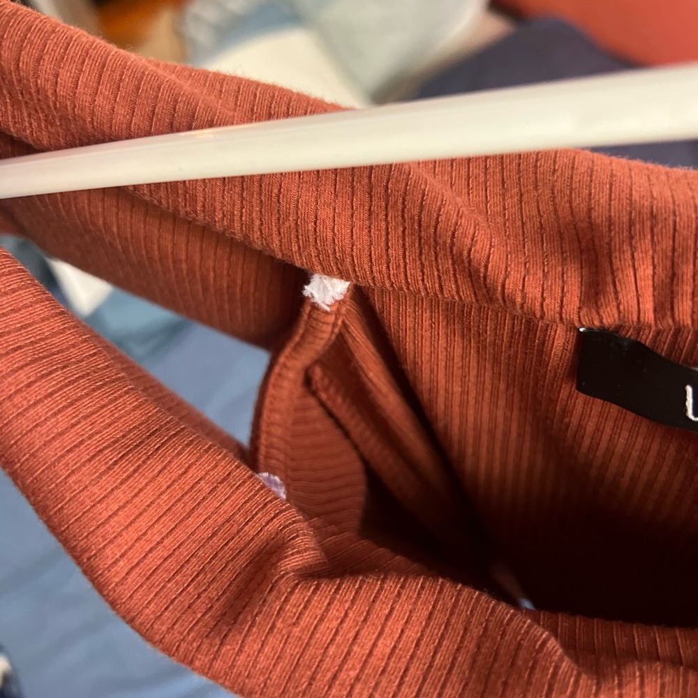 Lulu's Asymmetrical One-Shoulder Ribbed Crop Top in Rust - Picture 4 of 8